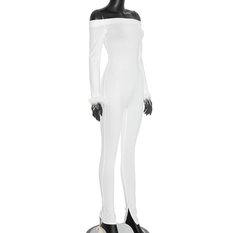 Women's Autumn Winter Solid Color Off-Shoulder Furry Long Sleeve Slit Leg Sim Tight Jumpsuit 5