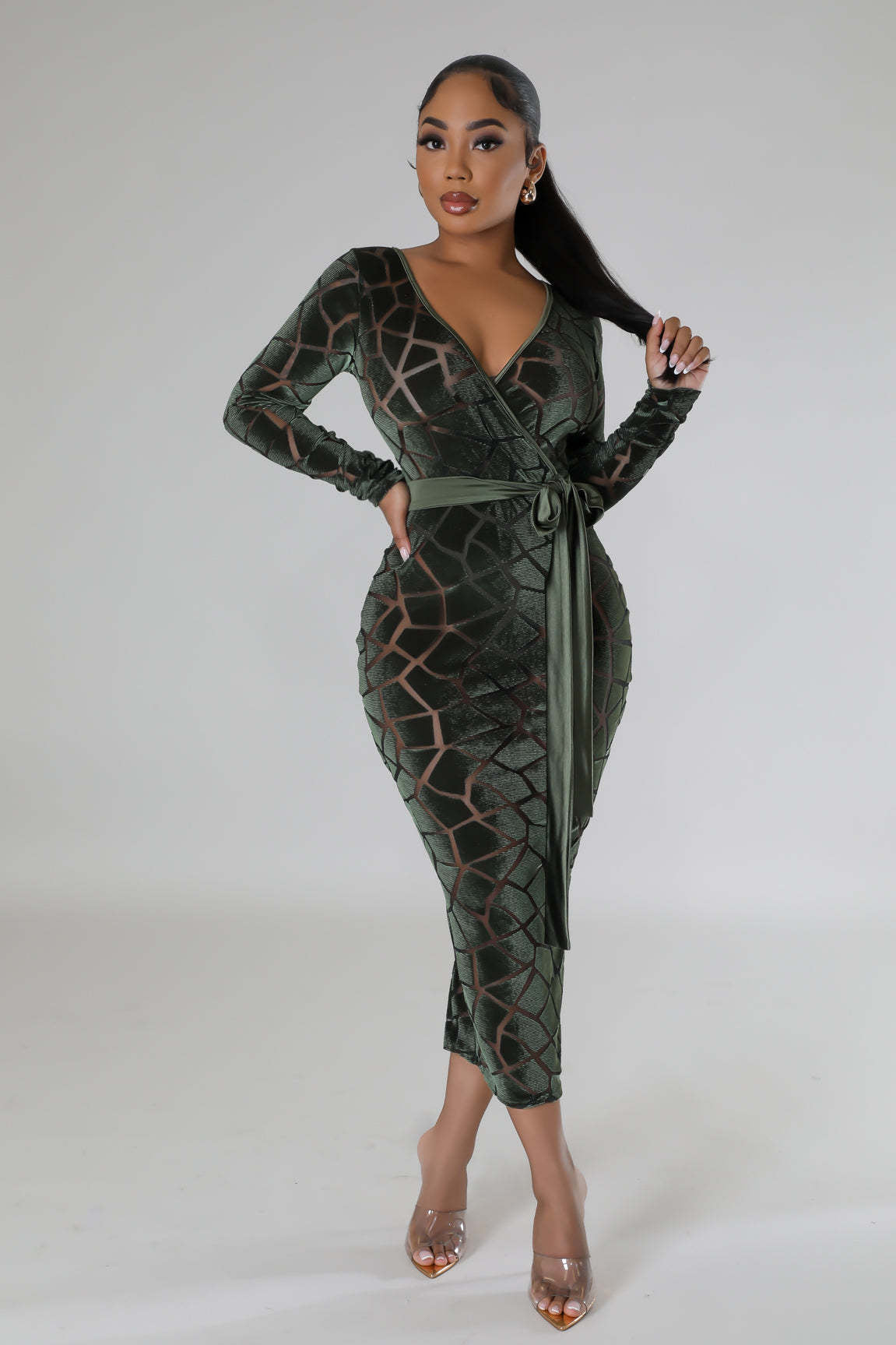 Women's Flocked Long Sleeve V-Neck Nightclub Dress 4