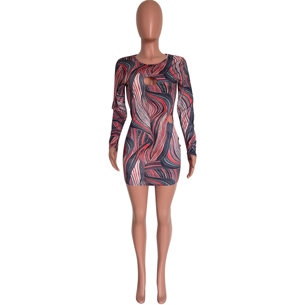 Women's Fashion Hollow Printed Long Sleeve Bodycon Dress 6