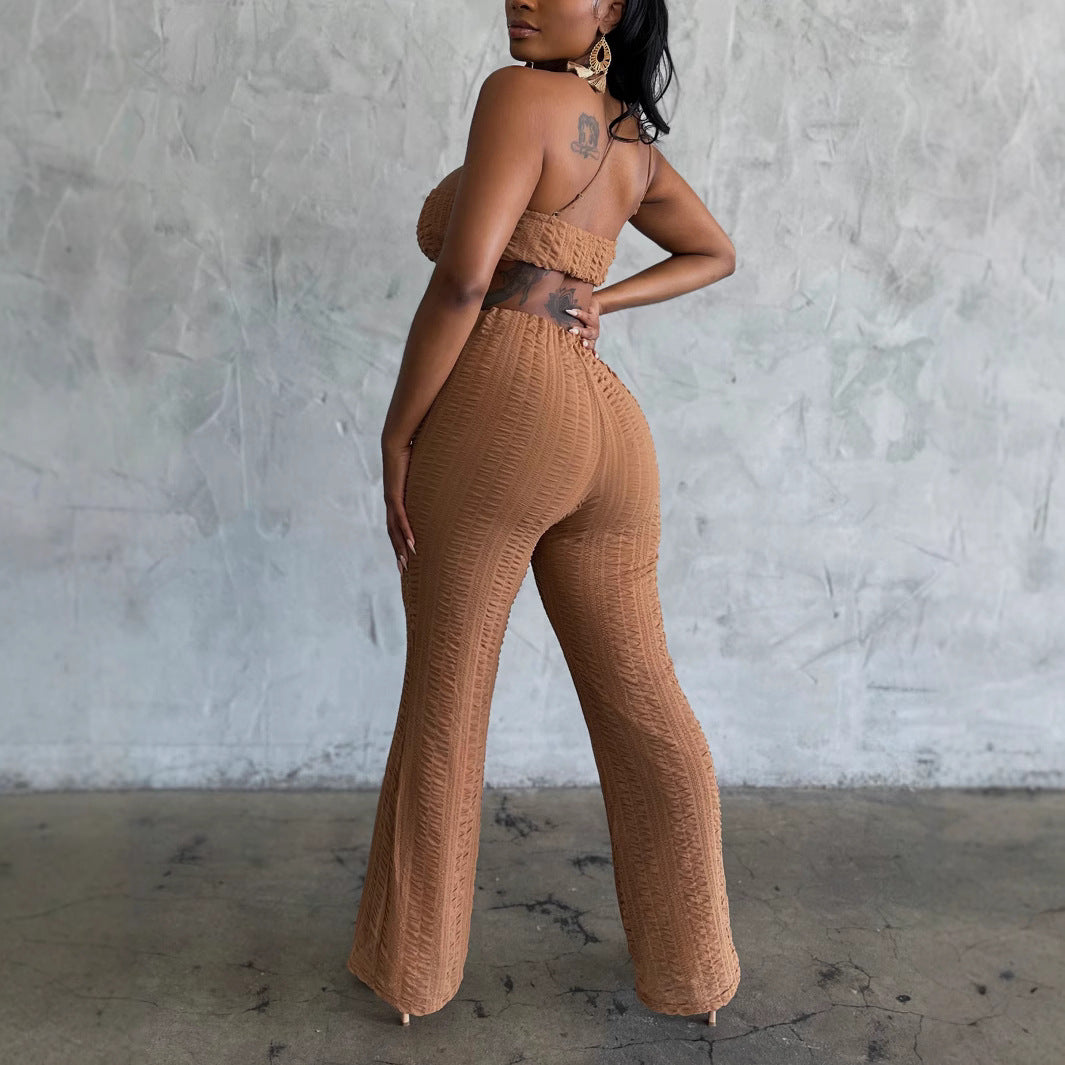 Women's Casual Sleeveless One Shoulder Crop Top Loose Wide Leg PantsTwo Piece Set