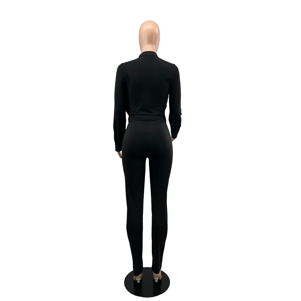 Long Sleeve Cardigan Round Neck Top Slim Pants Business Women's Two Piece 7