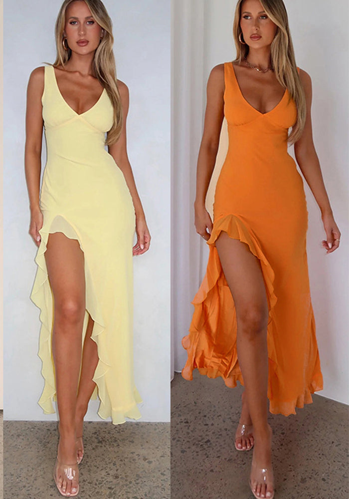 Women Spring Summer Sexy V-Neck Lotus Leaf Split Suspender Maxi Dress