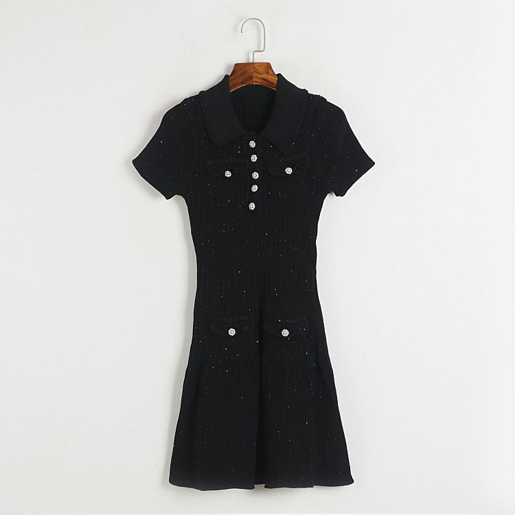 Women French spring Summer Turndown Collar knitting dress 5