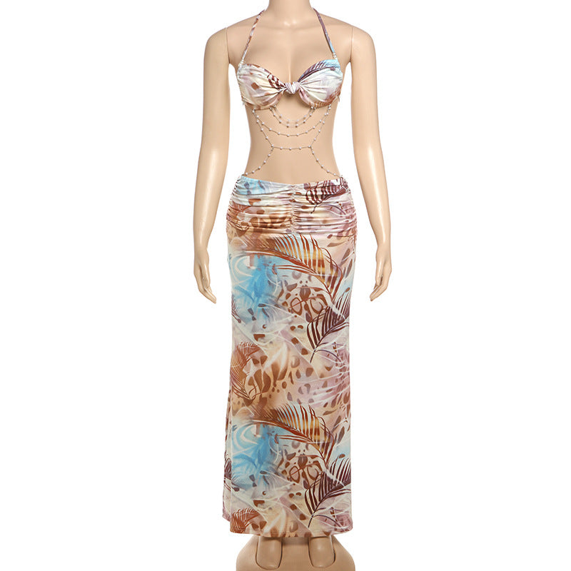 Women's Spring Halter Neck Tie Beaded Chain Slim Low Back Sexy Dress 42