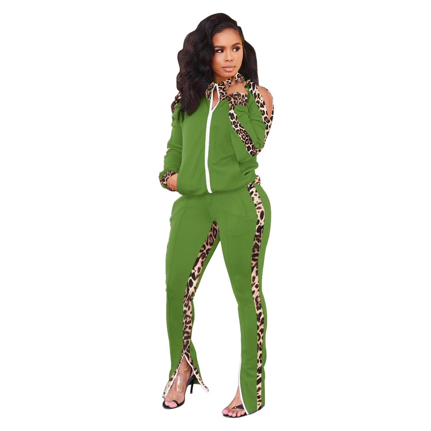 Women off-shoulder sports leopard print Patchwork contrast top and pant two-piece set 8