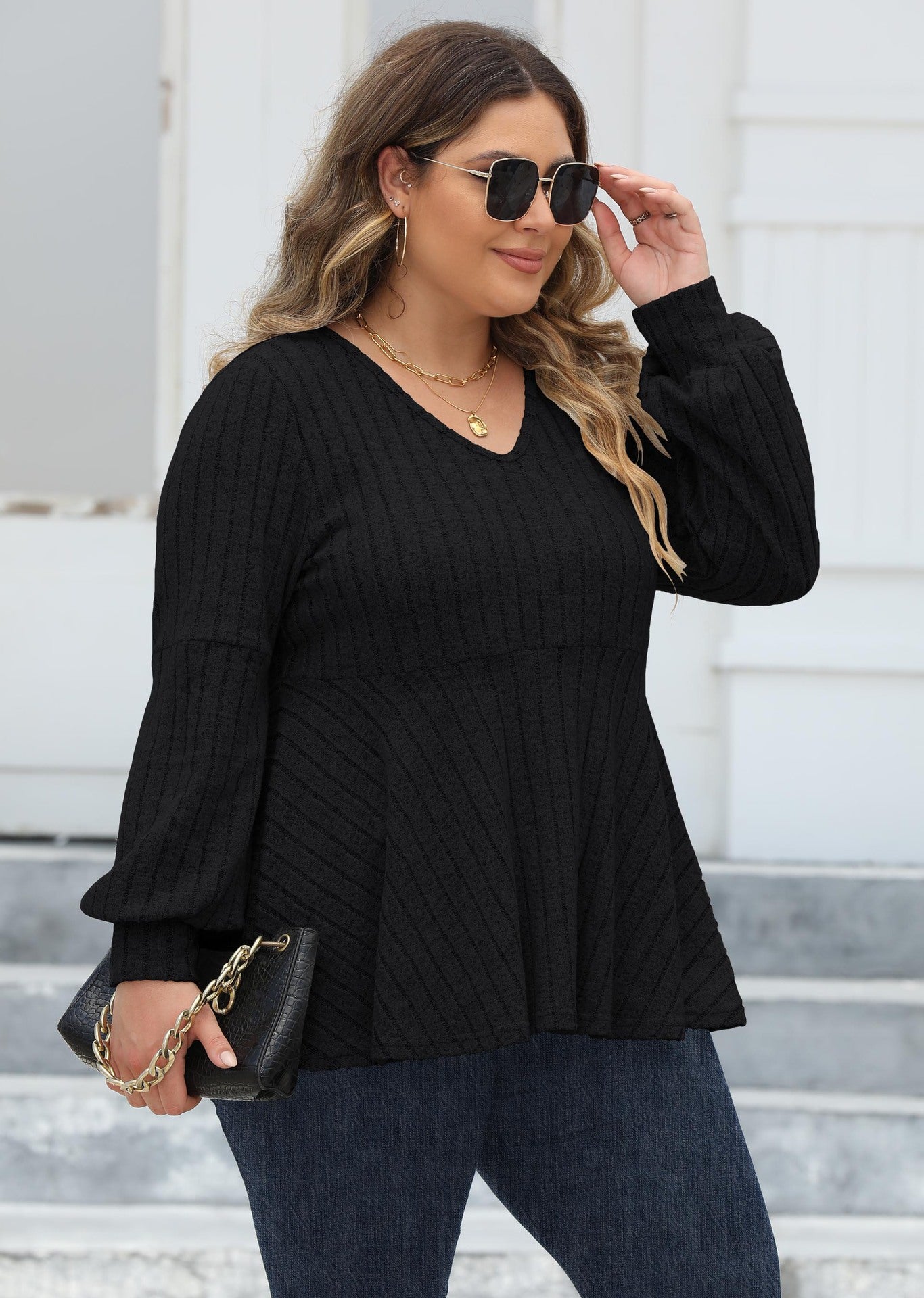 Women's Plus Size Tops Spring And Autumn V-Neck Ribbed Lantern Sleeve T-Shirt Basic Shirt 11