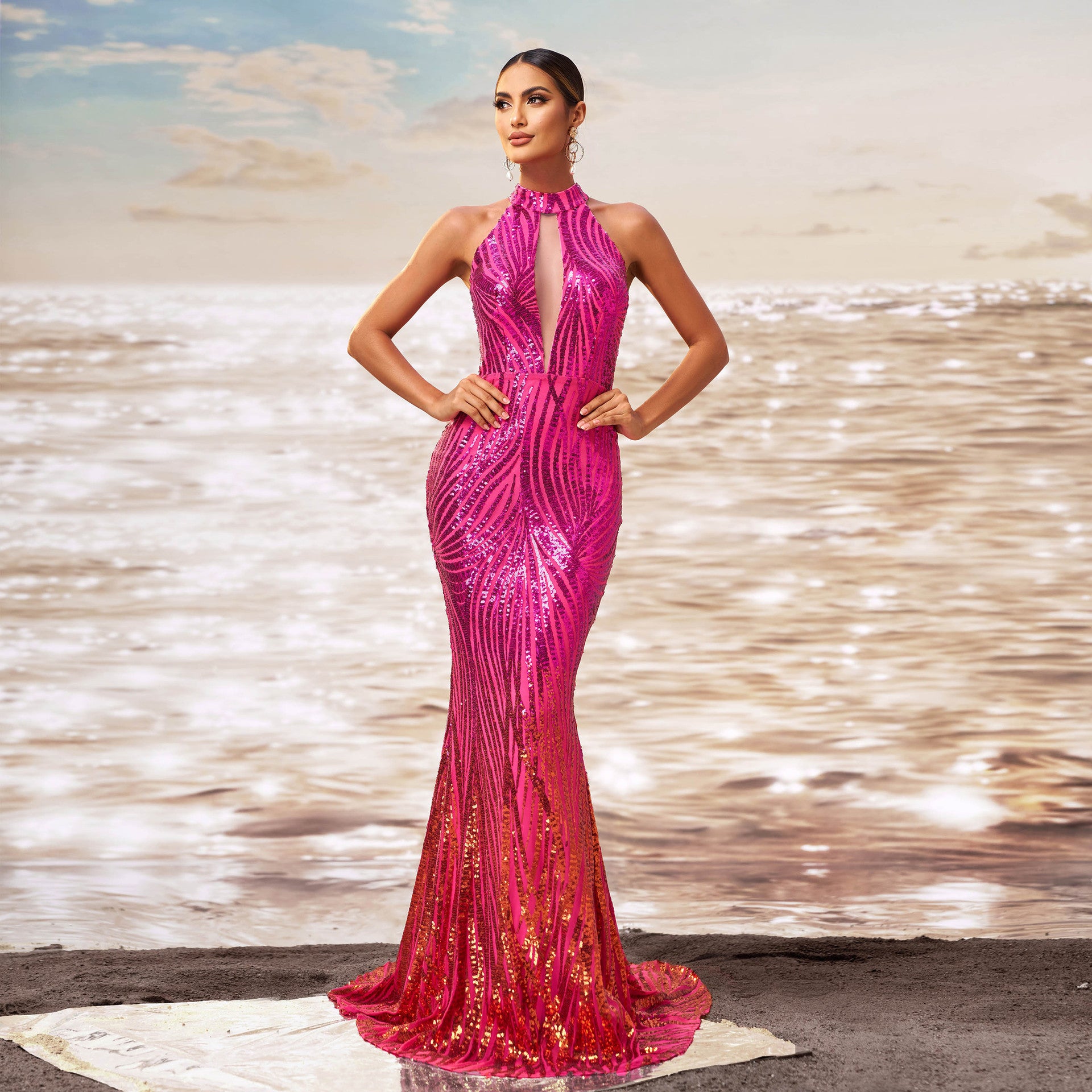 Women Round Neck off-shoulder Bodycon sequin Formal Party fishtail evening gown 3