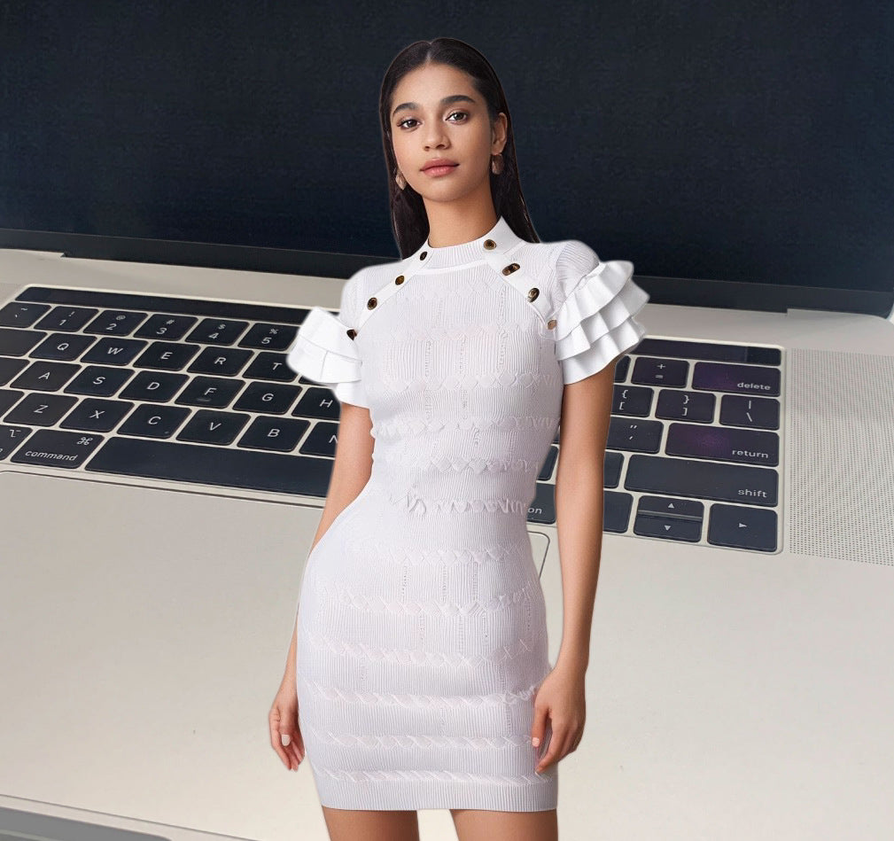 Metal Button Stand Collar Slim Fit Knit Bodycon Dress