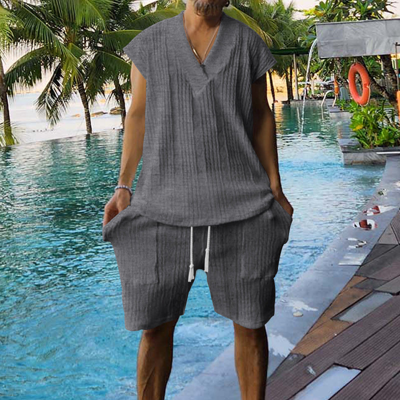 Men's Summer Loose Sleeveless T-Shirt Shorts Men's Summer Casual Jacquard Knitting Set 5