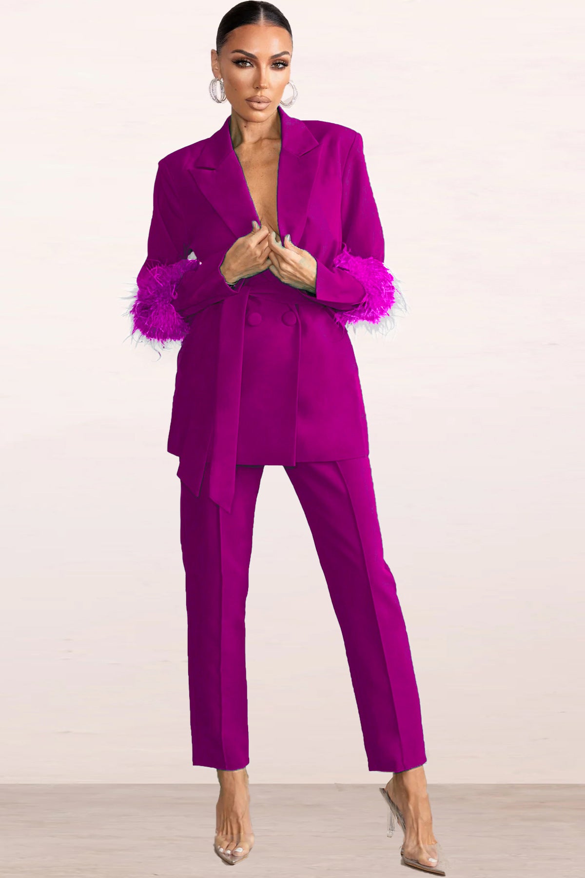 Fuzzy Fashion Casual Long Sleeve Two-Piece Blazer and Pants Set 8