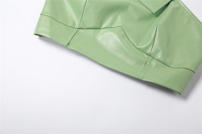 Women summer Slash Shoulder one shoulder Tank Top and straight trousers pu Leather two-piece set 10