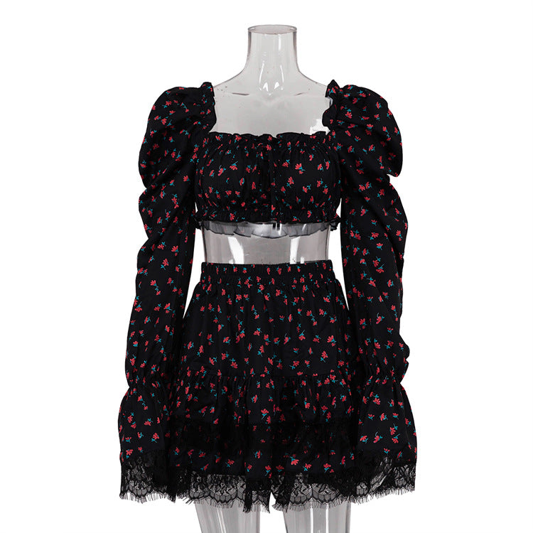 Women's Lace Patchwork Printed Bell Bottom Sleeve Crop Top Ruffle Skirt Two-Piece Set 7