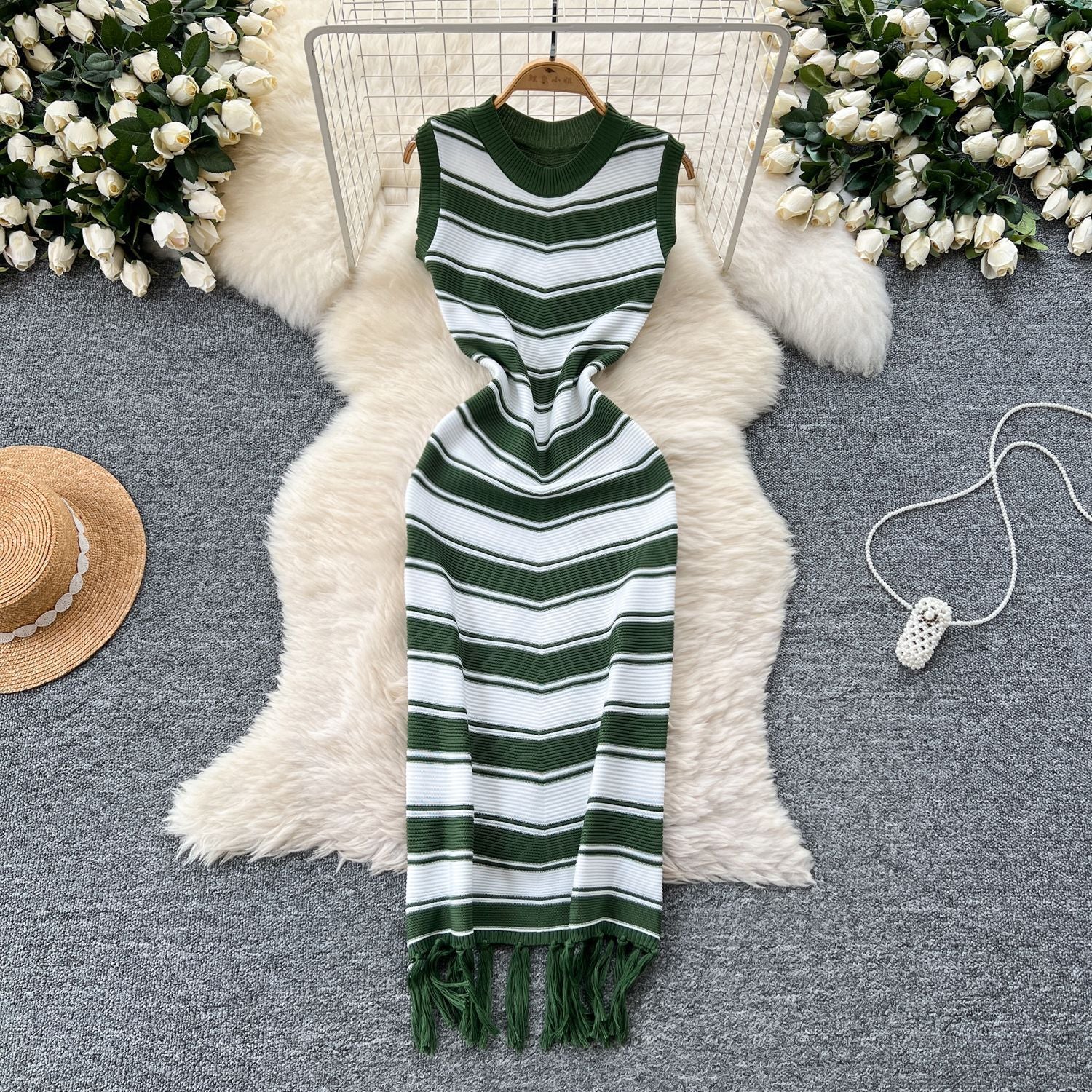 Summer Slim Round Neck Sleeveless Color Matching Striped Knitting Bodycon Tassel Dress 4