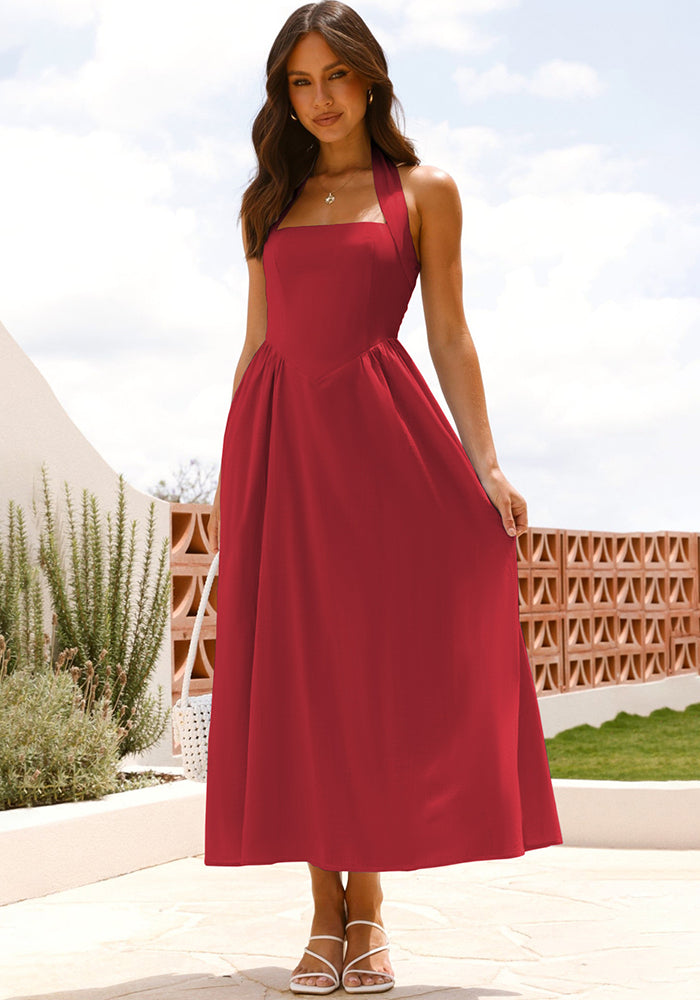 Women's Chic Solid Slim-Waist Halter Neck Low-Back A-line Dress