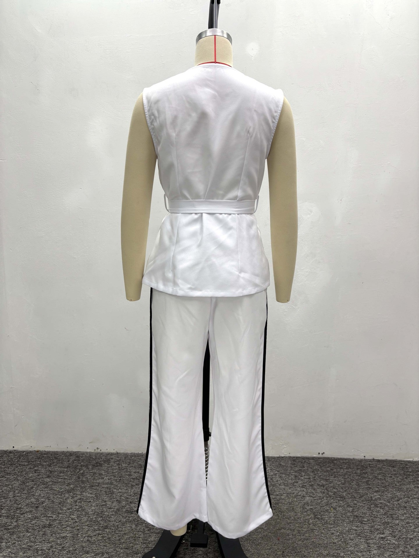 Contrast Color Pocket Chic Elegant Belt Vest & Pants African Women's Two-Piece Set 7