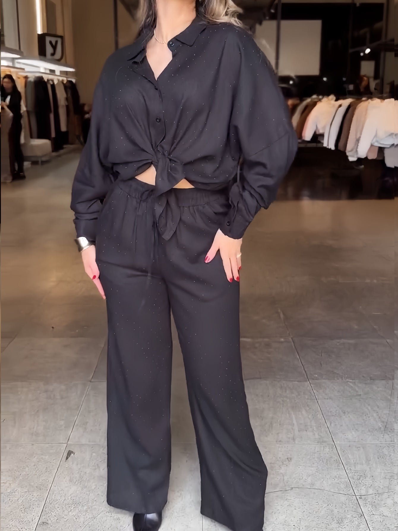 Women's Beaded Star-Embellished Blouse & Drawstring Wide-Leg Pants Set 6