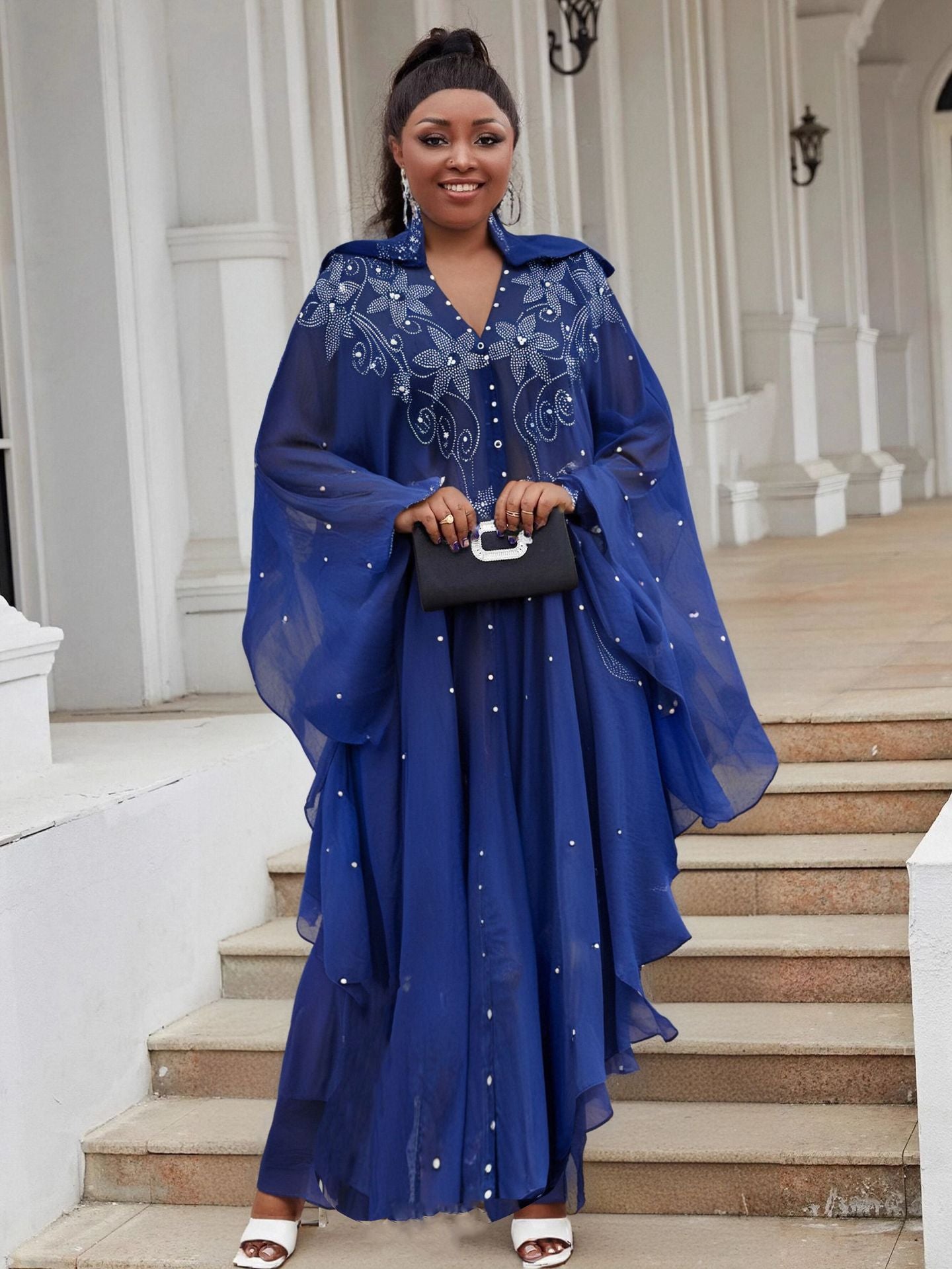 Women Bat Sleeves See-Through Mesh Beaded Beaded Cape Hooded Cape Dress 10