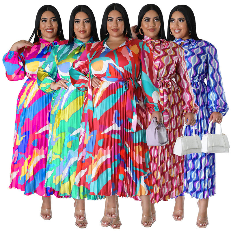 Plus Size Women Lace-Up Long Sleeve Printed Pleated Dress 6