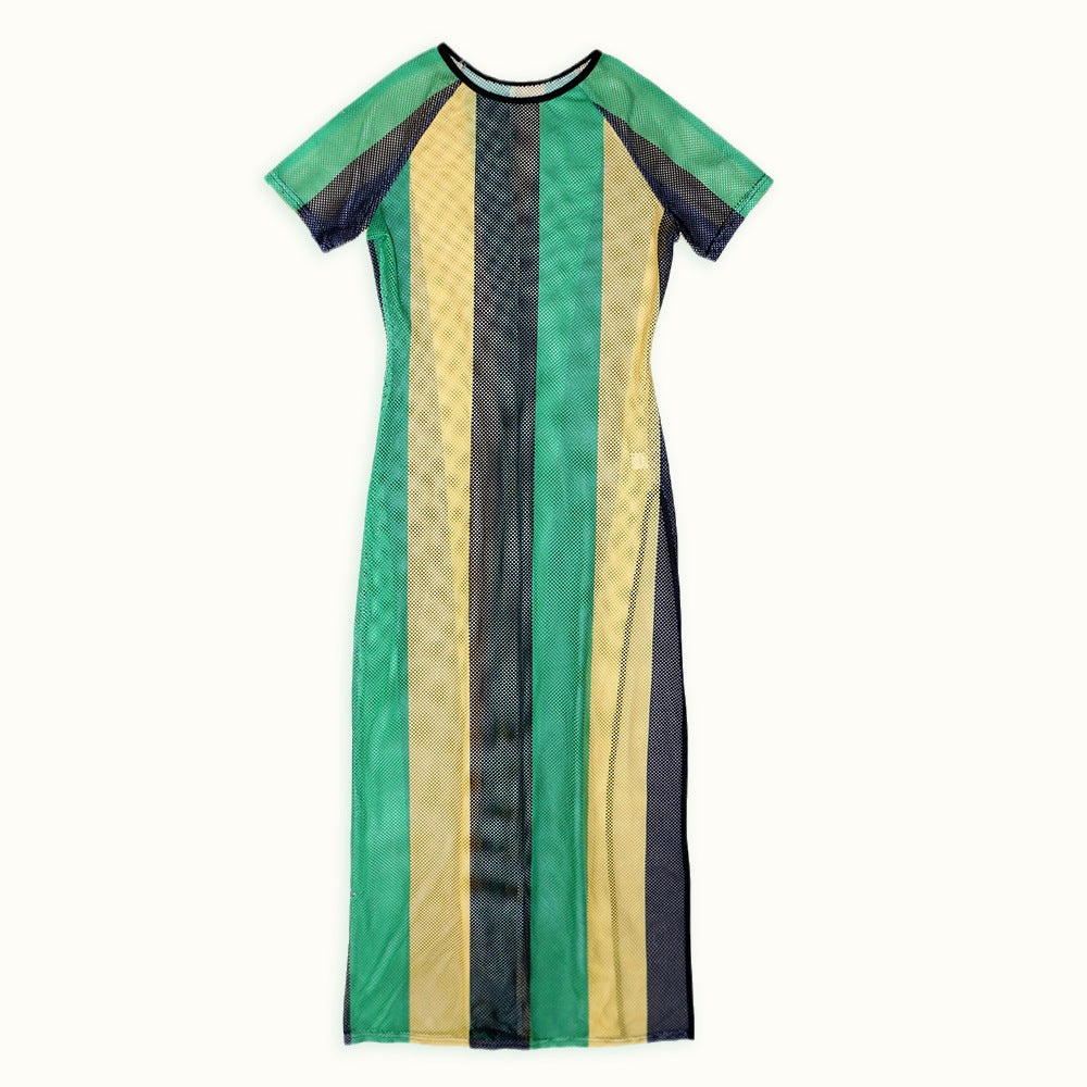 Women's summer short-sleeved striped color-block slit dress 21