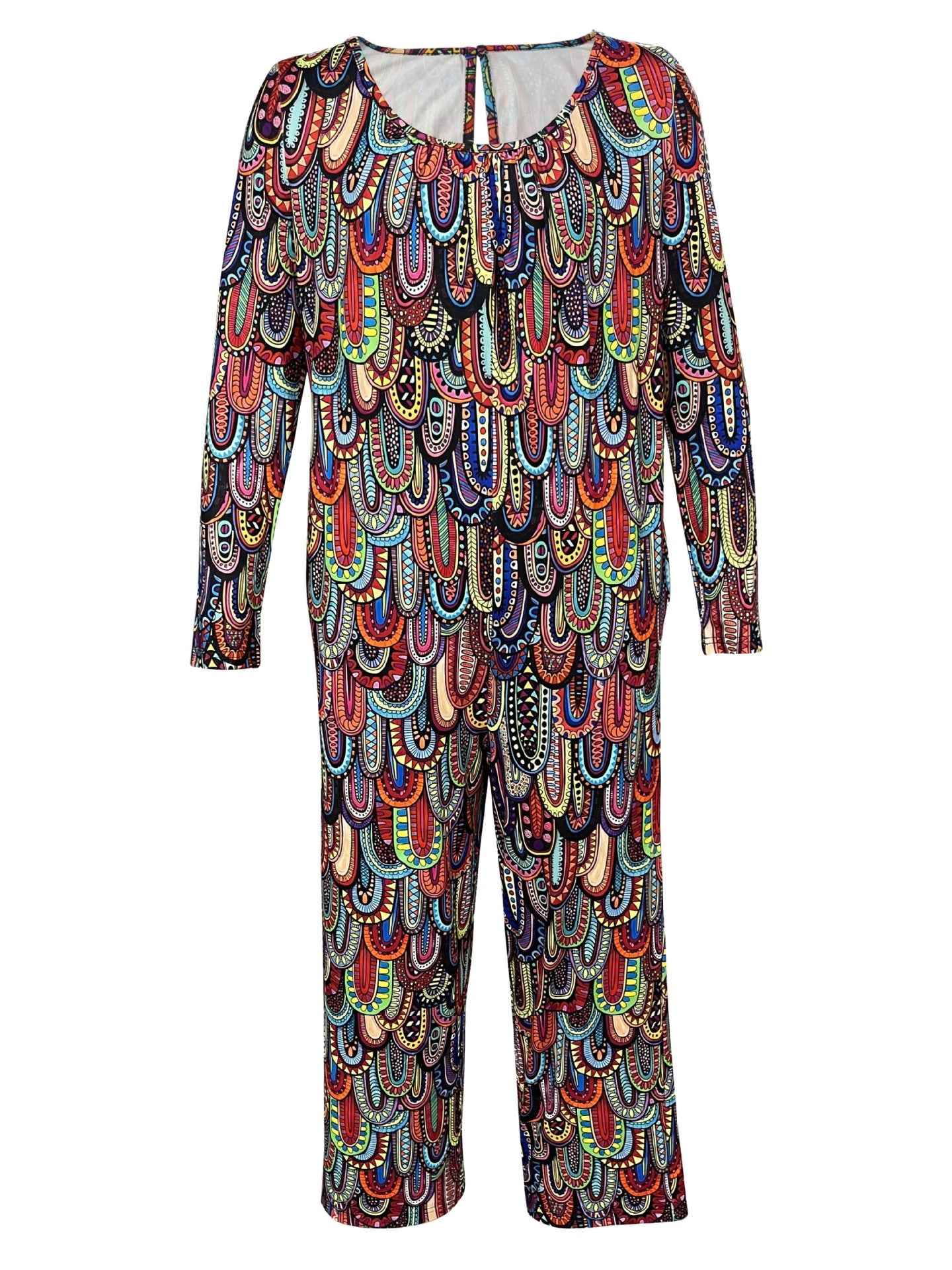 Women Print Casual Round Neck Loose Long Sleeve Jumpsuit 8