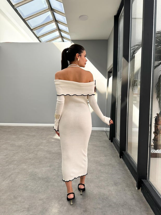 Women Fall and Winter Sexy Shawl Long Sleeve Ruffle Edge Dress 7