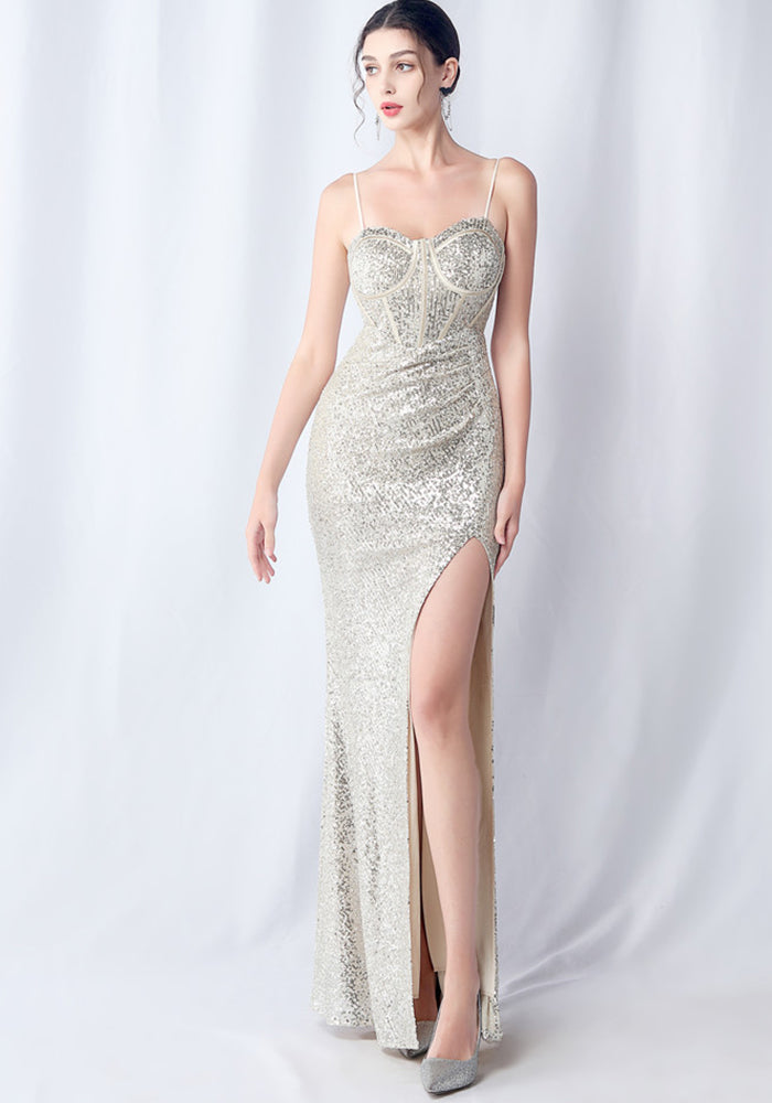 Women Symphony Sequin Slit Maxi Evening Dress