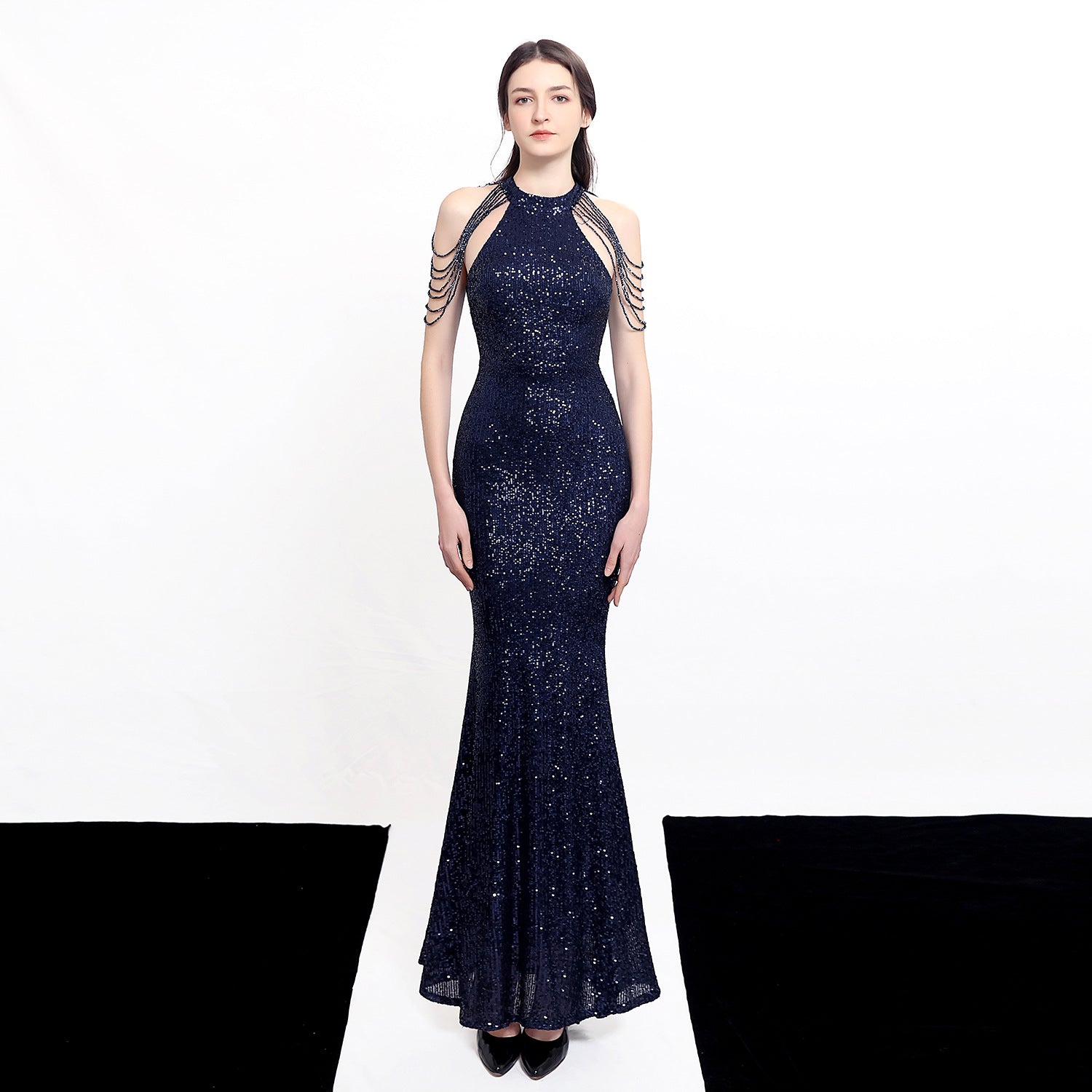 Women Elegant Long Halter Sequins Fishtail Evening Dress 17