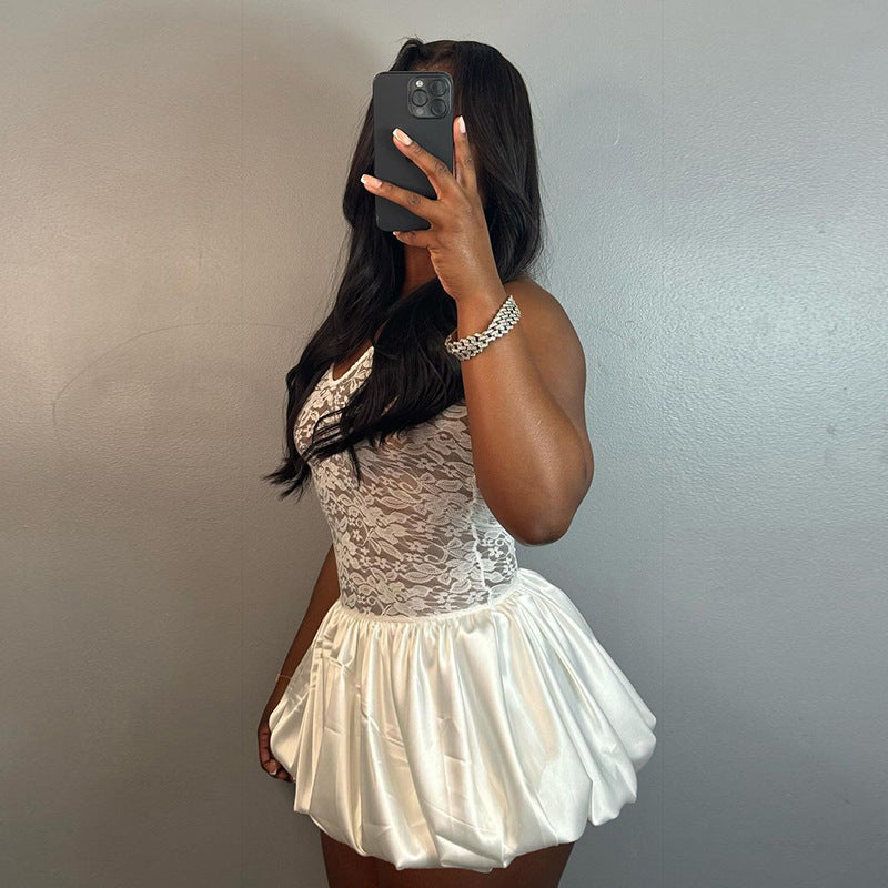 Women autumn sexy Patchwork Lace Halter Neck sexy short skirt