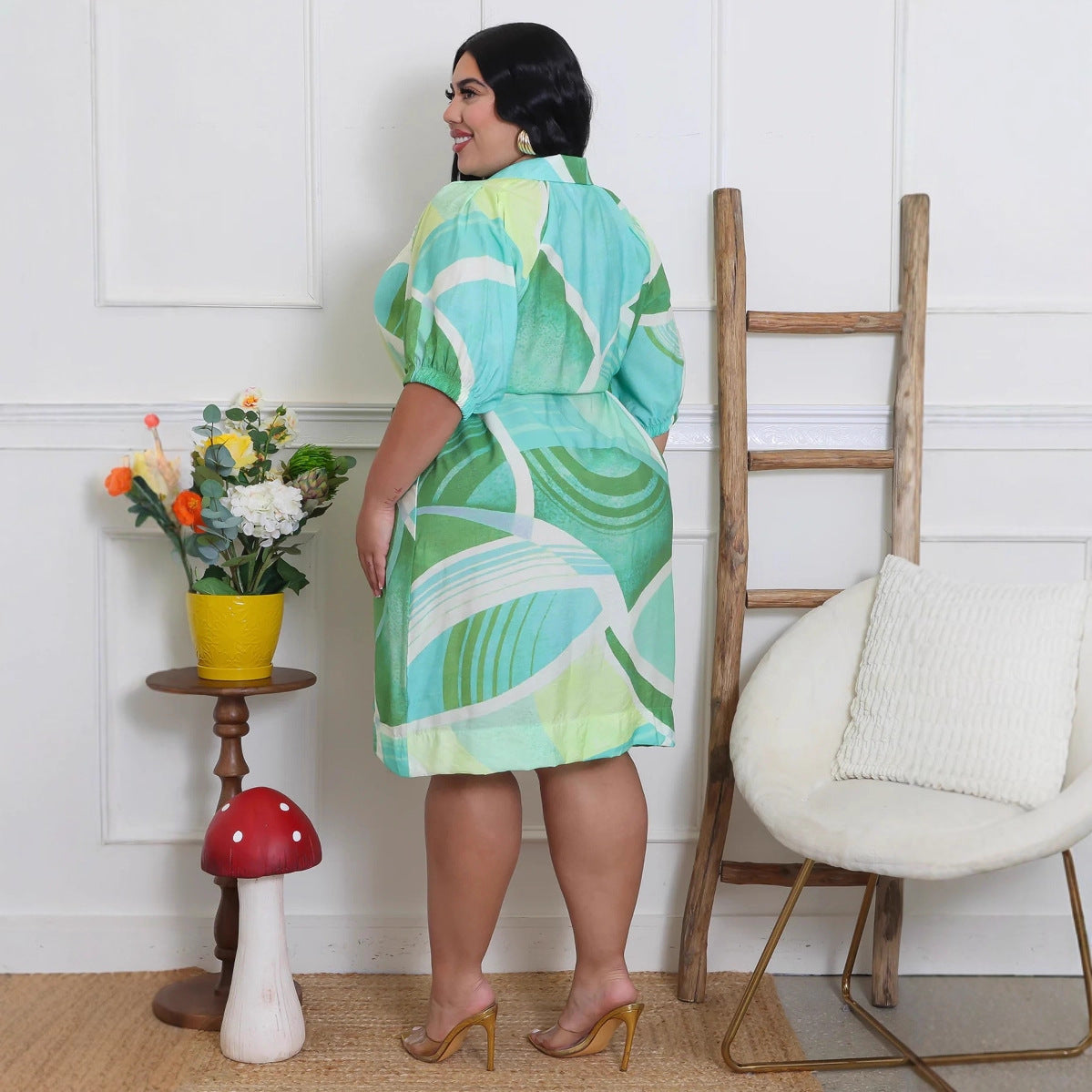 Women's Trendy Print Half-Sleeve Turndown Collar Plus Size Shirt Dress 3