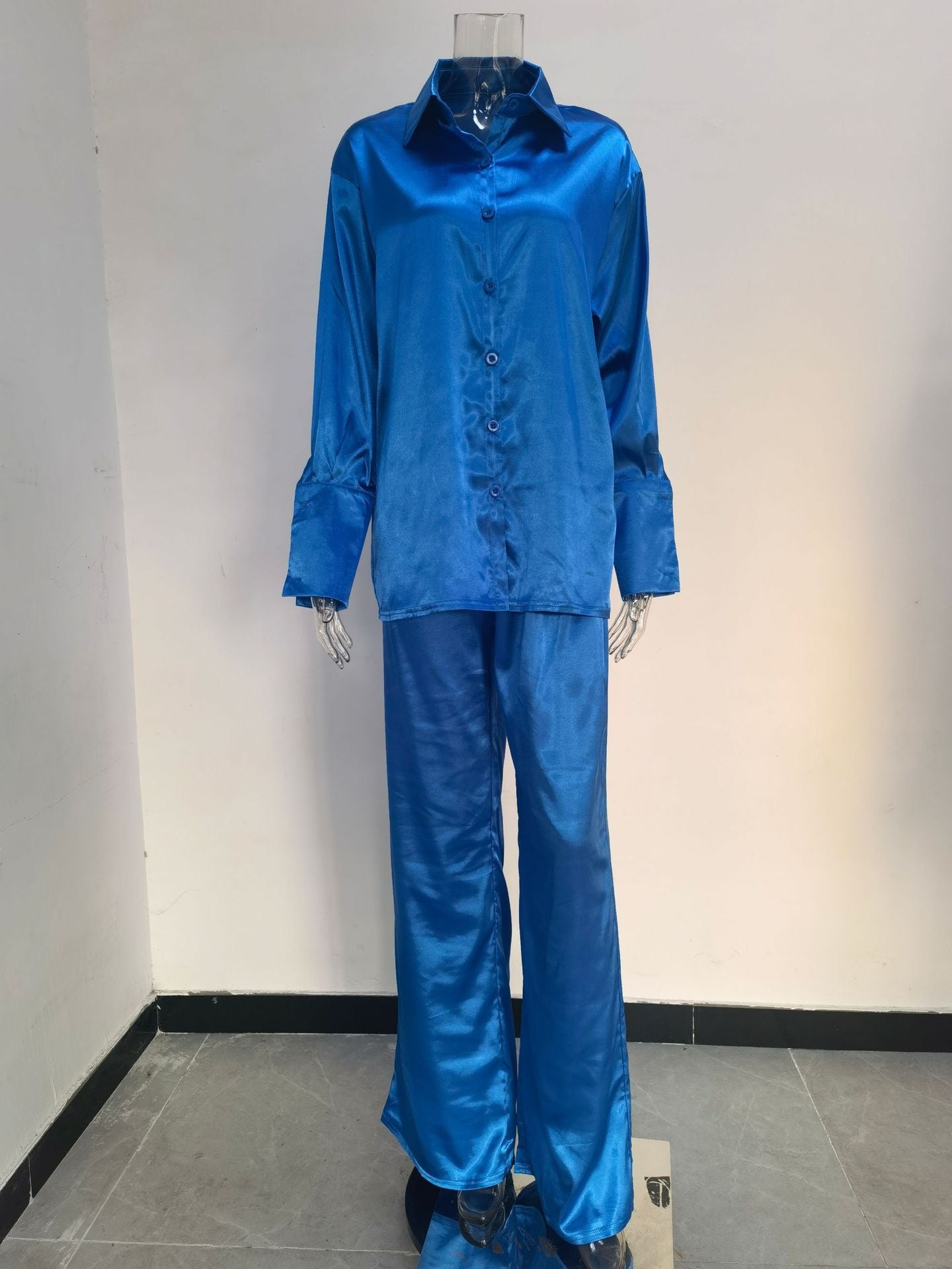 Solid Color Satin Long Sleeve Casual Two Piece Pants Set Trendy Lounge Wear 15