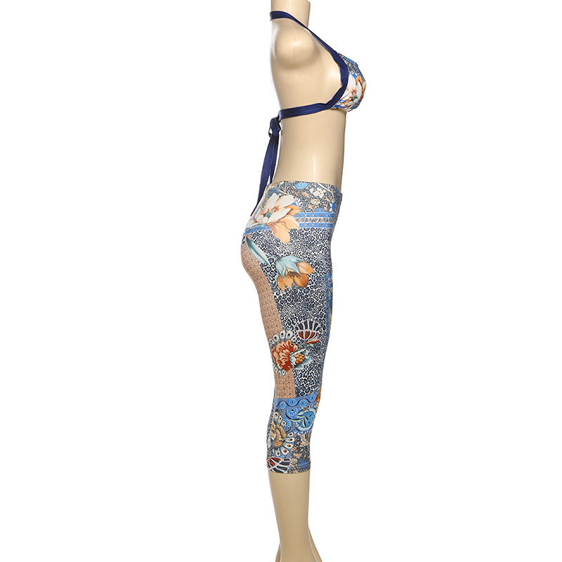 Women's Spring Halter Neck Lace-Up Floral Print Vest Trousers Two P iece Set 7