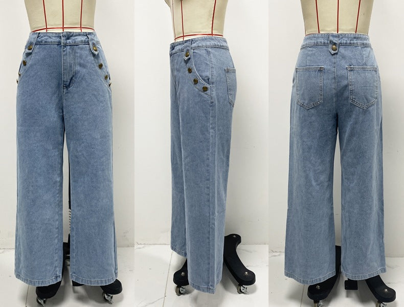 Fashion Chic Button Sleeveless Vest Wide Leg Denim Pants Two Piece Set 14