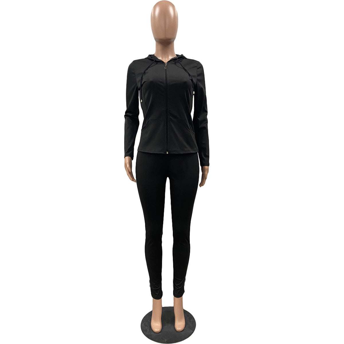 Women Summer Sports Hooded Full Sleeves Solid Pockets Regular Two Piece Pants Set 54