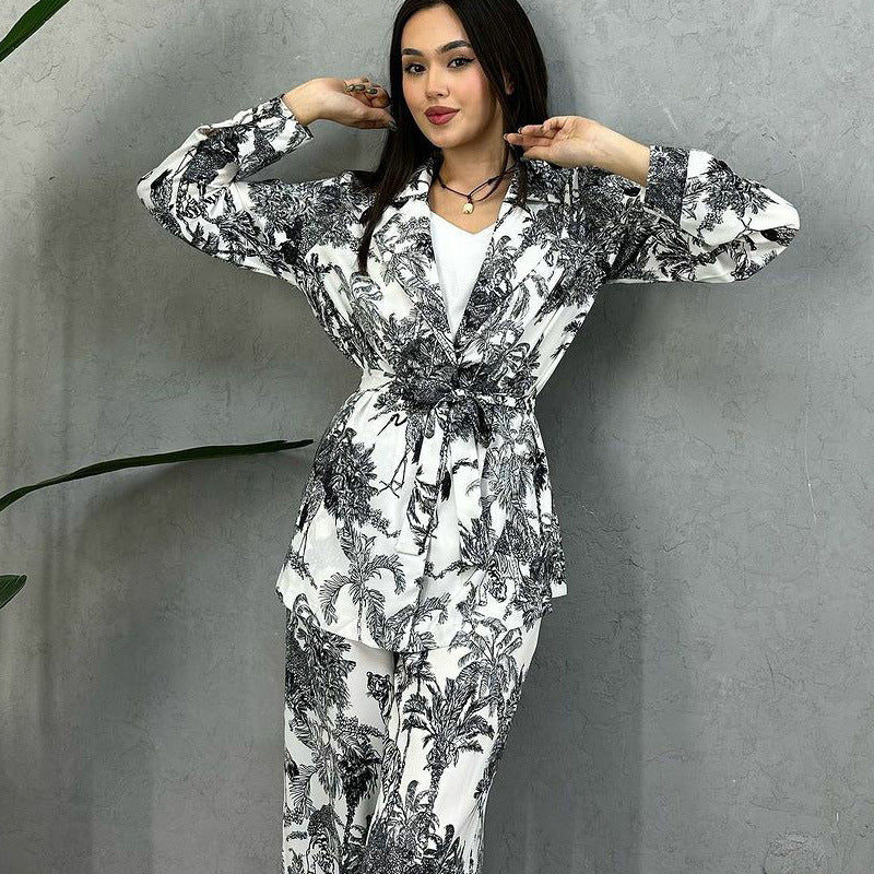 Women printed long-sleeved tie Top and Pant Casual two-piece set 7
