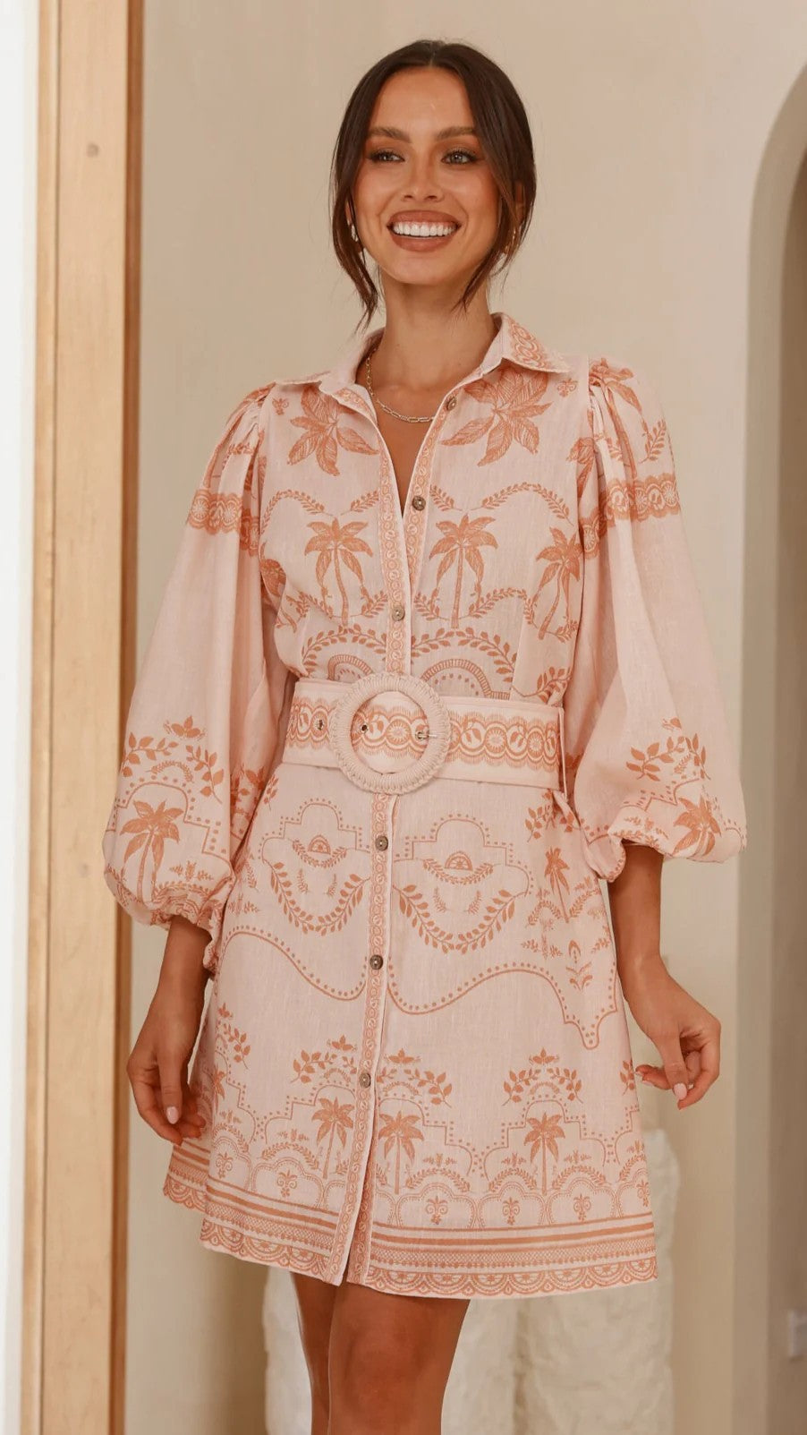 Linen Chic Casual Printed Belt Slim-Waist Shirt Dress 3