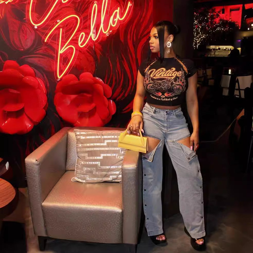 Fashionable loose wide leg solid color stretch Denim straight pants