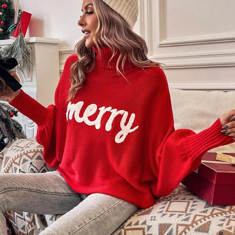 Christmas Turtleneck Women's Autumn And Winter Loose Bat Sleeves Outdoor Wear Knitting Shirt Sweatwear Tops For Women 8