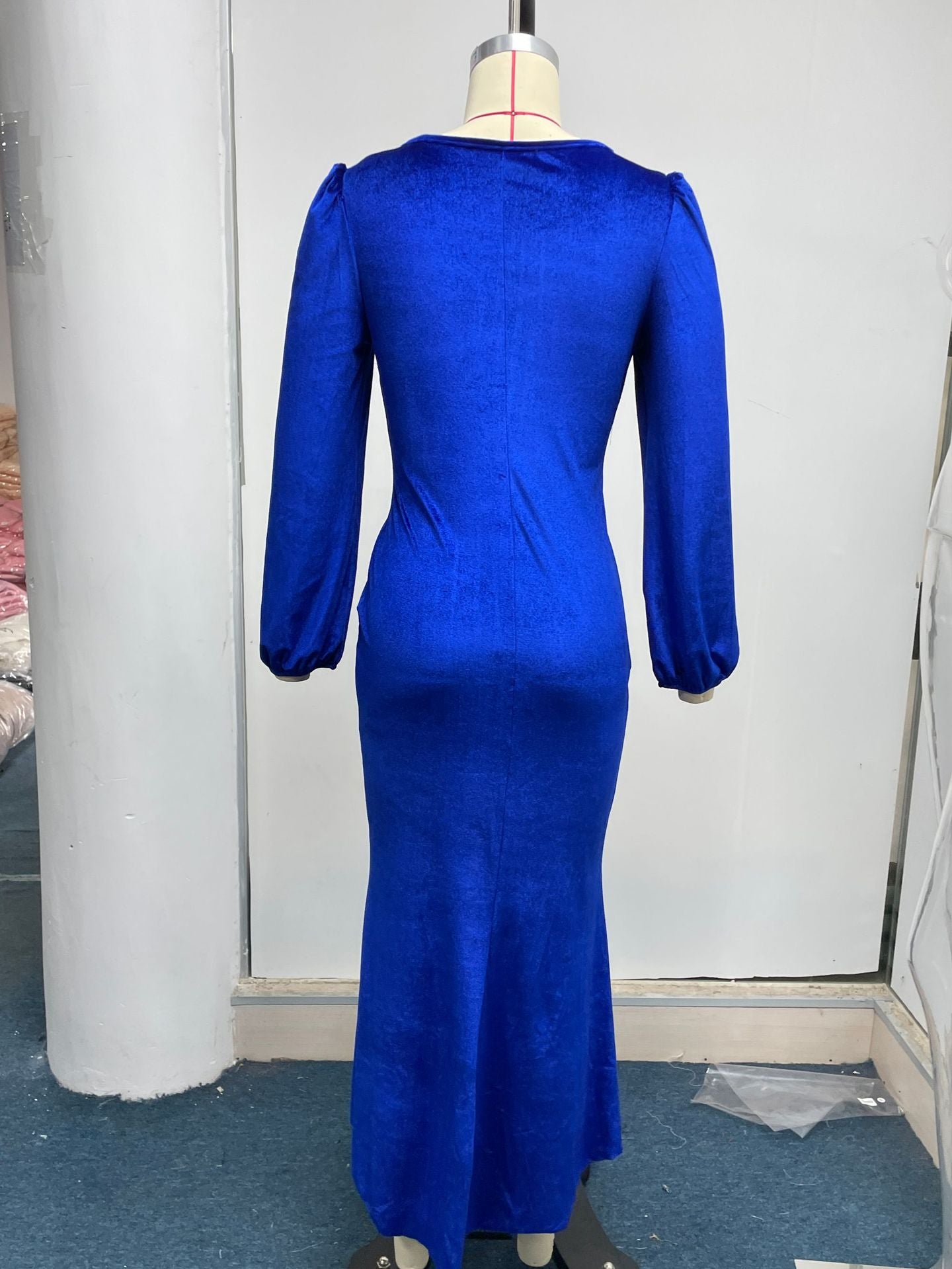 Women Autumn Knittingv Collar Solid Padded Shoulder Long Sleeve Slit Evening Dress 25