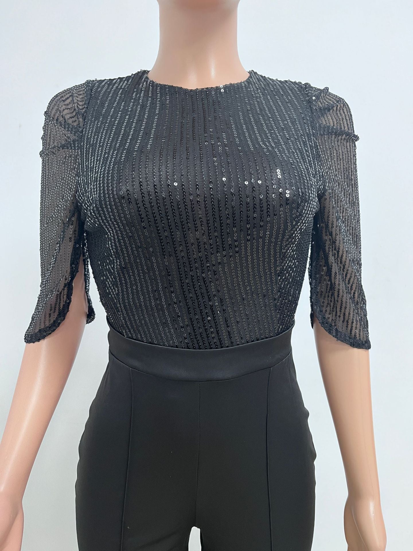 Women's Fashion Sequins Half Sleeve Wide-Leg Chic Ladies Jumpsuit 14
