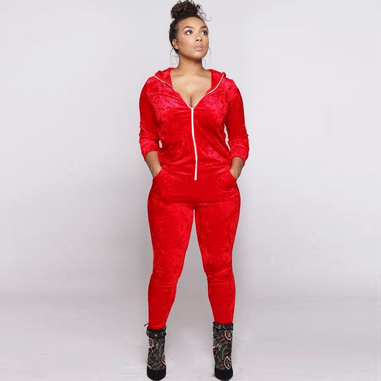 Women Fall and Winter Casual Velvet Hooded Zippered Top Long Pants Two-piece Set 3