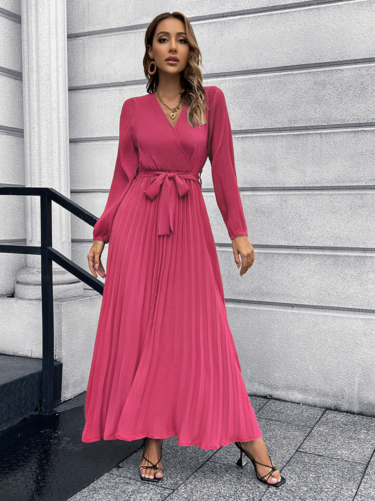 Women Autumn V-Neck Long Sleeve Pleated Maxi Dress 6