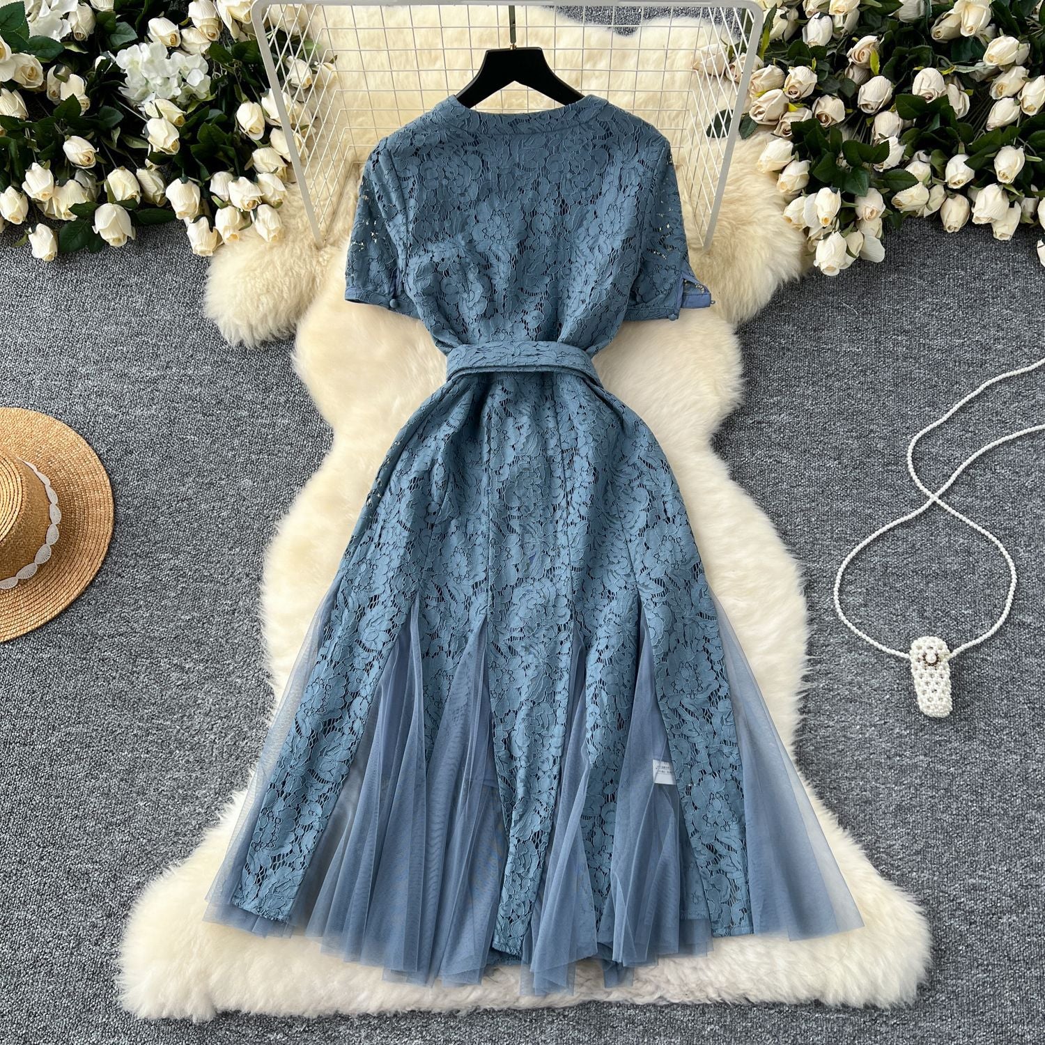 Women French V-Neck Metal Buttoned Mesh Patchwork Lace Ruffle Dress 16