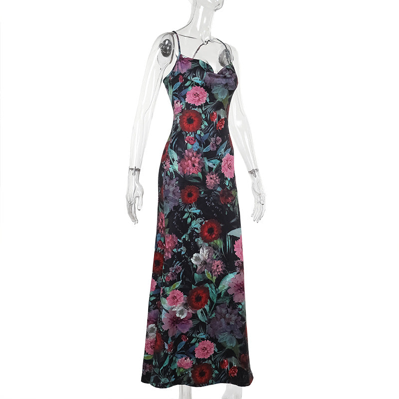 Womenƒ??s Summer Fashion Chic Floral Strap Low Back Lace-Up Slim Long Dress 6