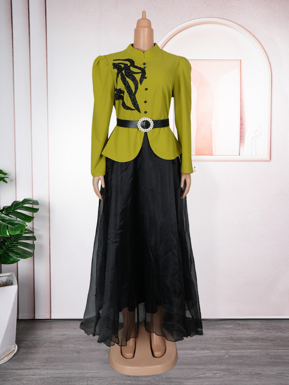 Women long-sleeved button fake two-piece Beaded dress 10