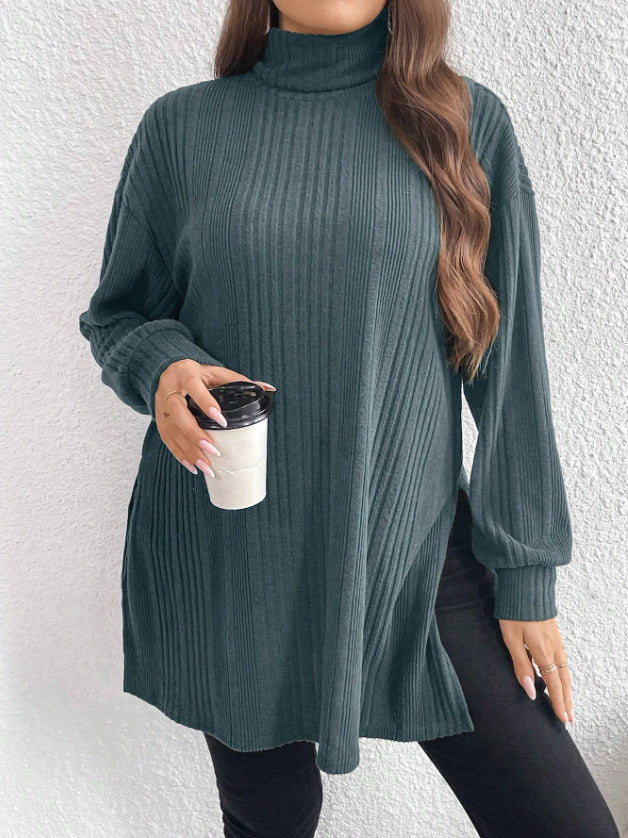 Plus Size Women High Neck Slit Knitting T-Shirt 6