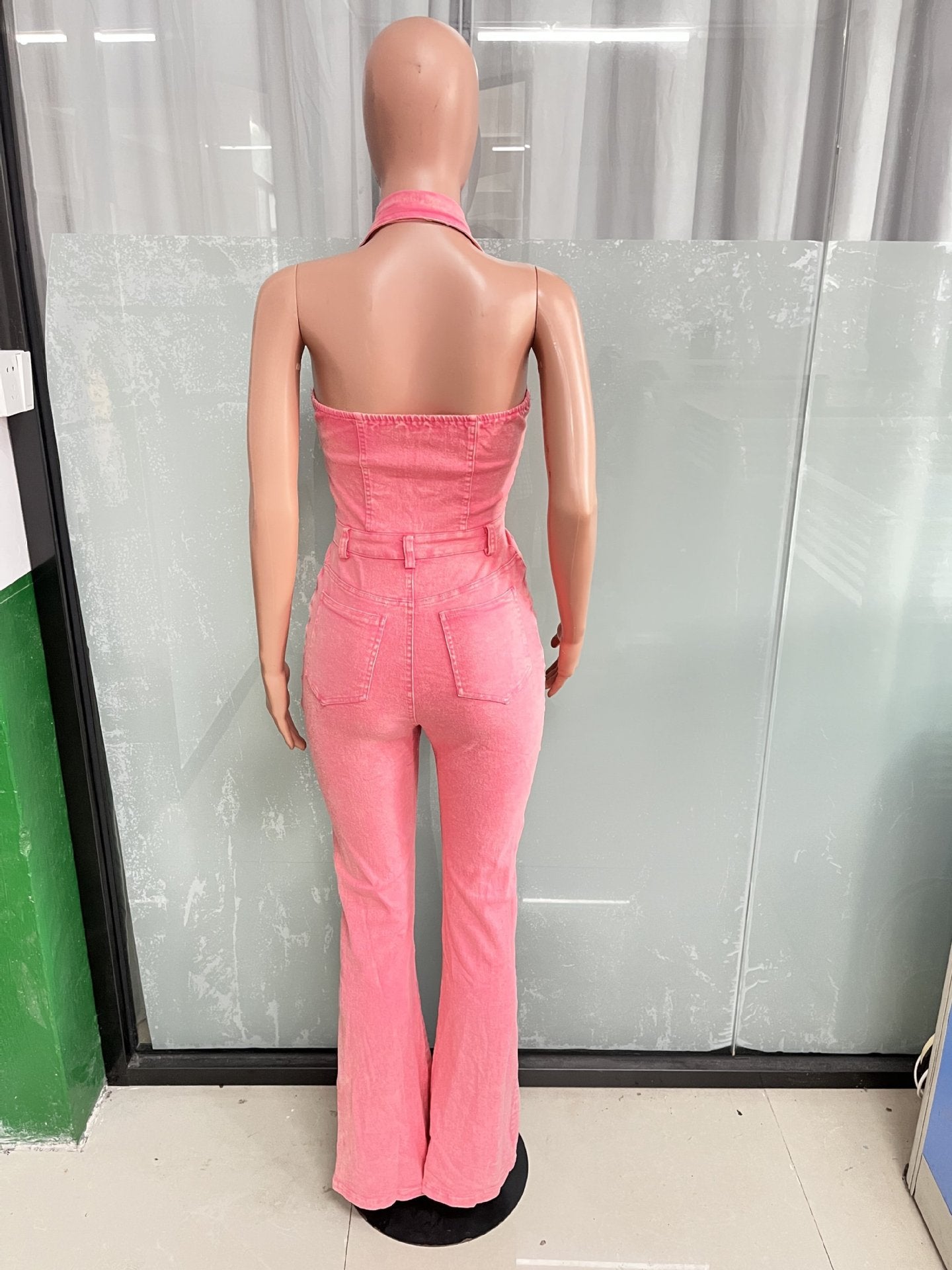 Women Denim Stretch Sexy Backless Turndown Collar Cargo Jumpsuit 12