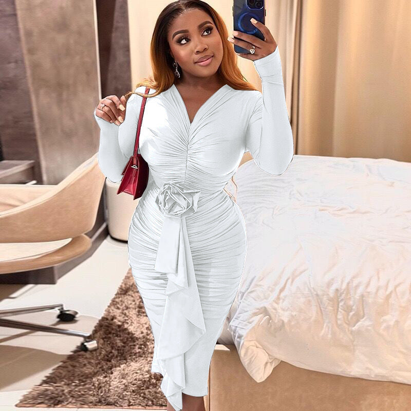 Women's Autumn And Winter Long Sleeve V-Neck Flower Sexy Bodycon Dress 6