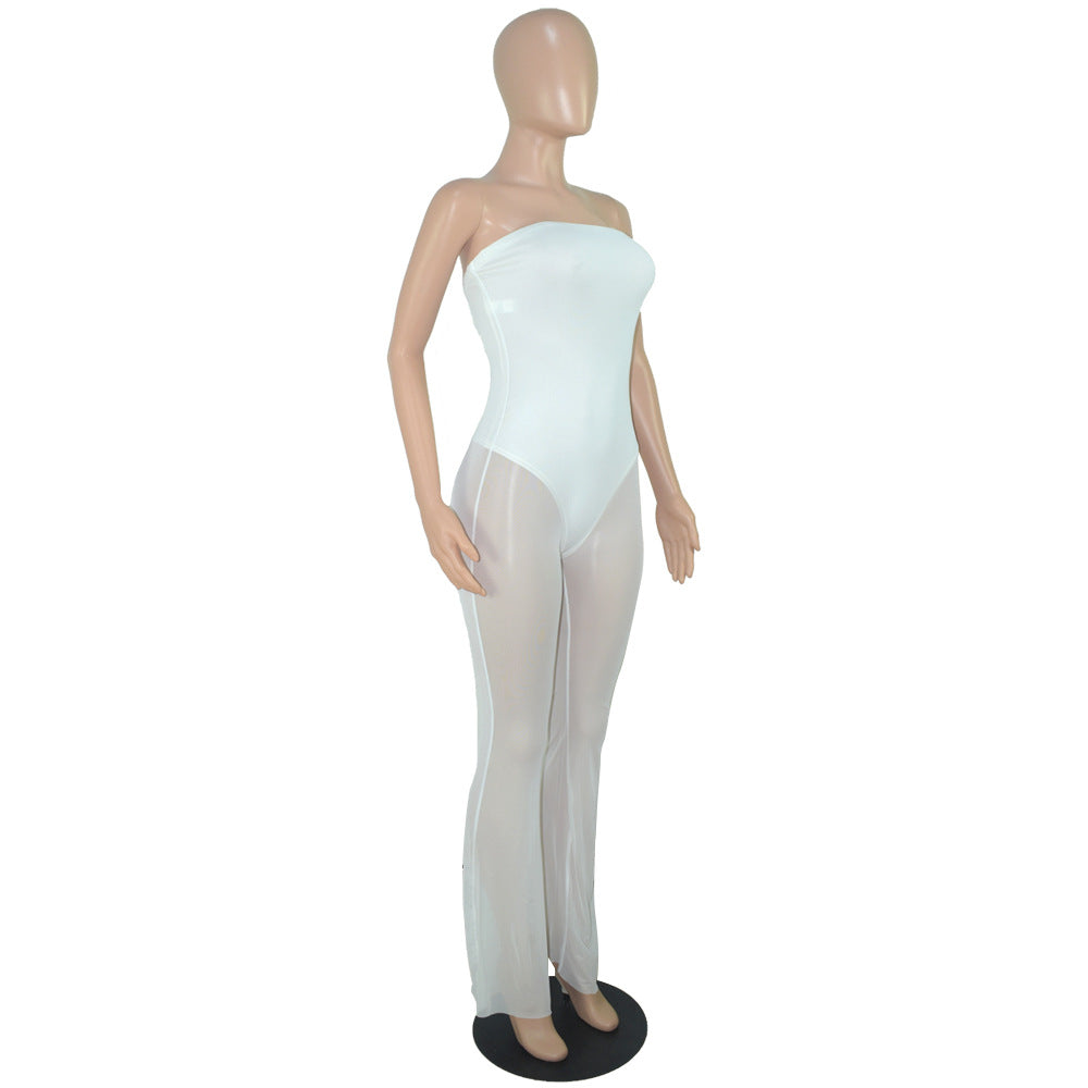 Women's Fashion Sexy Strapless Tight Fitting Wide Leg Mesh Jumpsuit 12