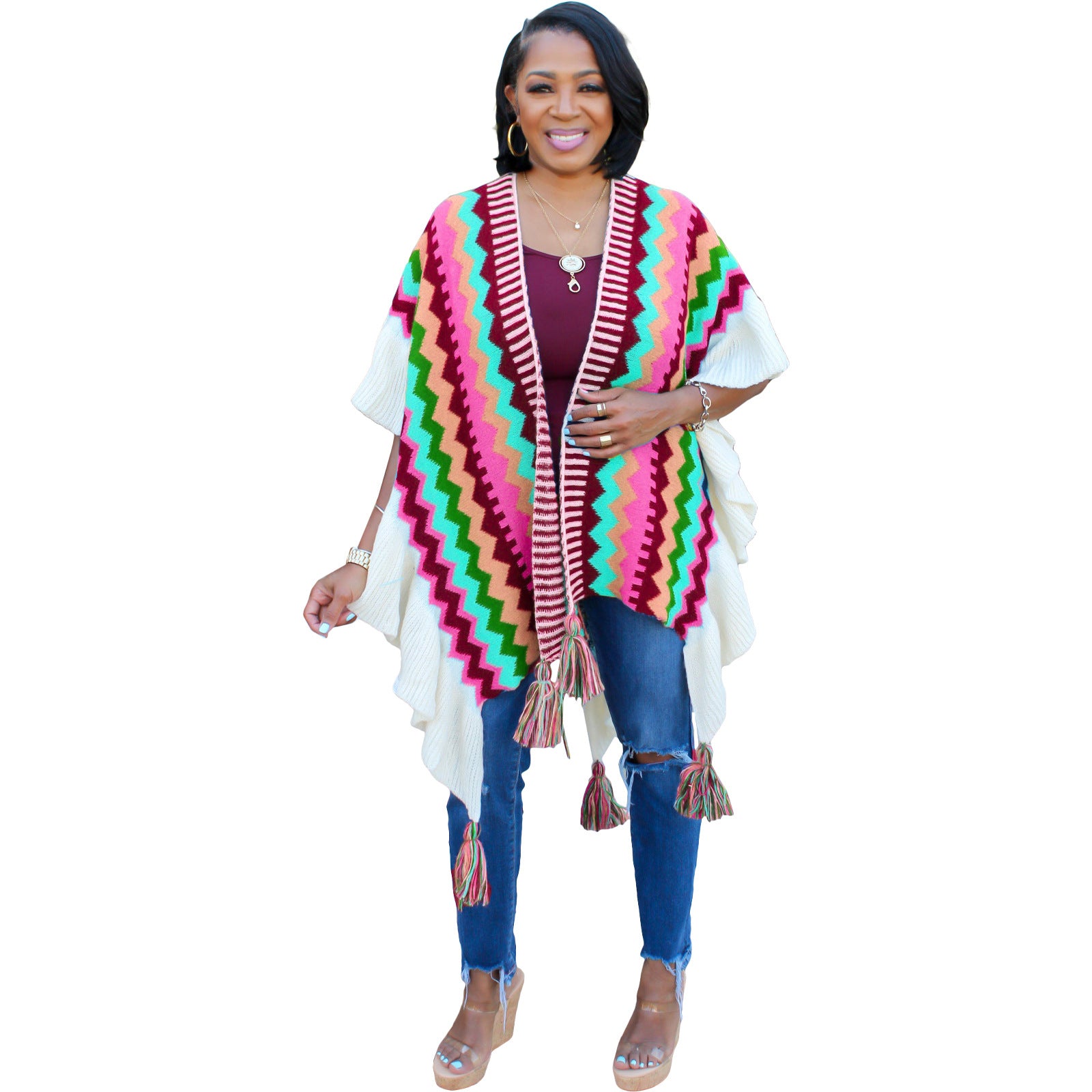 Women Autumn and Winter Geometric Knitting Crochet Tassel Cardigan Cape Jacket 7