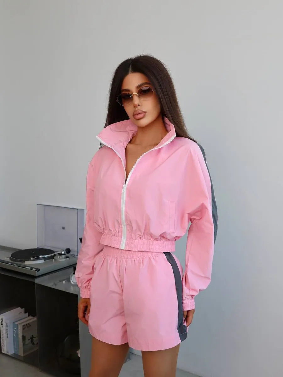 Fashion Women's Long Sleeve Zipper Sports Jacket and Shorts Two Piece Set Casual Sportswear 7